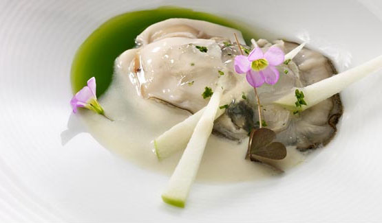 Ostra con clorofila de berro, rúcola y manzana, crema lemon grass e hinojo y hierba oxalis acetosella