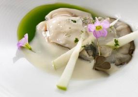 Ostra con clorofila de berro, rúcola y manzana, crema lemon grass e hinojo y hierba oxalis acetosella