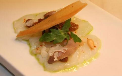 Carpaccio de Bacalao con calabaza braseada