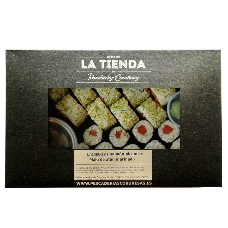     Uramaki de salmón picante y maki de atún rojo marinado