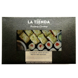     Uramaki de salmón picante y maki de atún rojo marinado